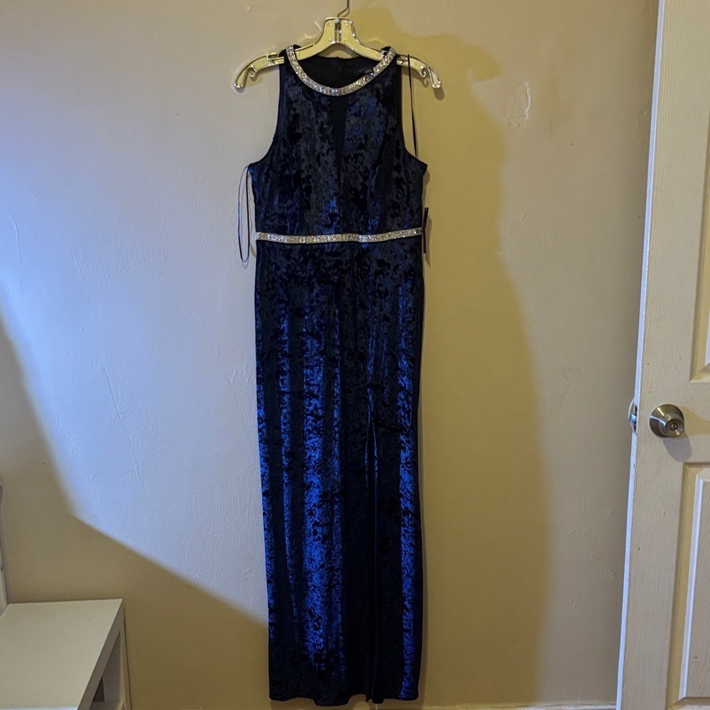 R&M Richards Navy Velvet Maxi Dress with Silver Trim